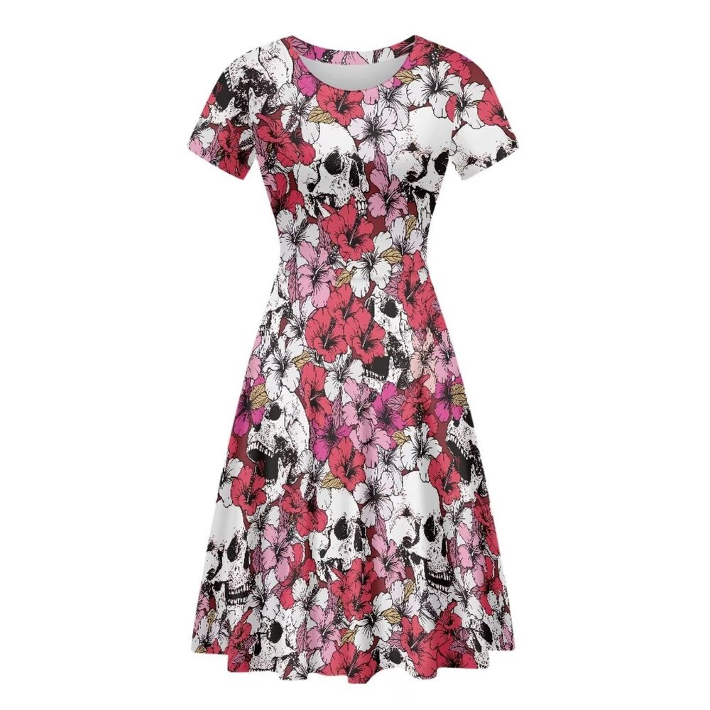2162 Skull Flower Art Print Halloween Dresses Plus Size Round Neck Short